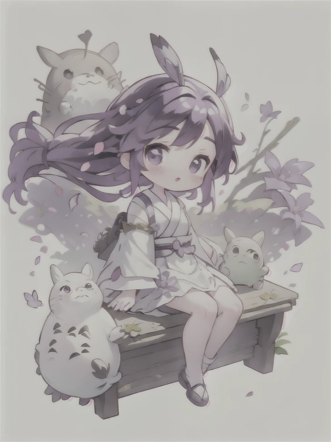 best quality, Cute light-skinned baby chibi anime, Long purple hair，shouhui,cute,Purple Eyes, Butterfly hair accessory on the right，White Hanfu，full body,((solo)),Long skirt，big breast,Bare legs，White background,Falling petals，My Neighbor Totoro，My Neighbor Totoro Style, Kawaii Design,(((many friends))),more than 10 friends，Bright colors
