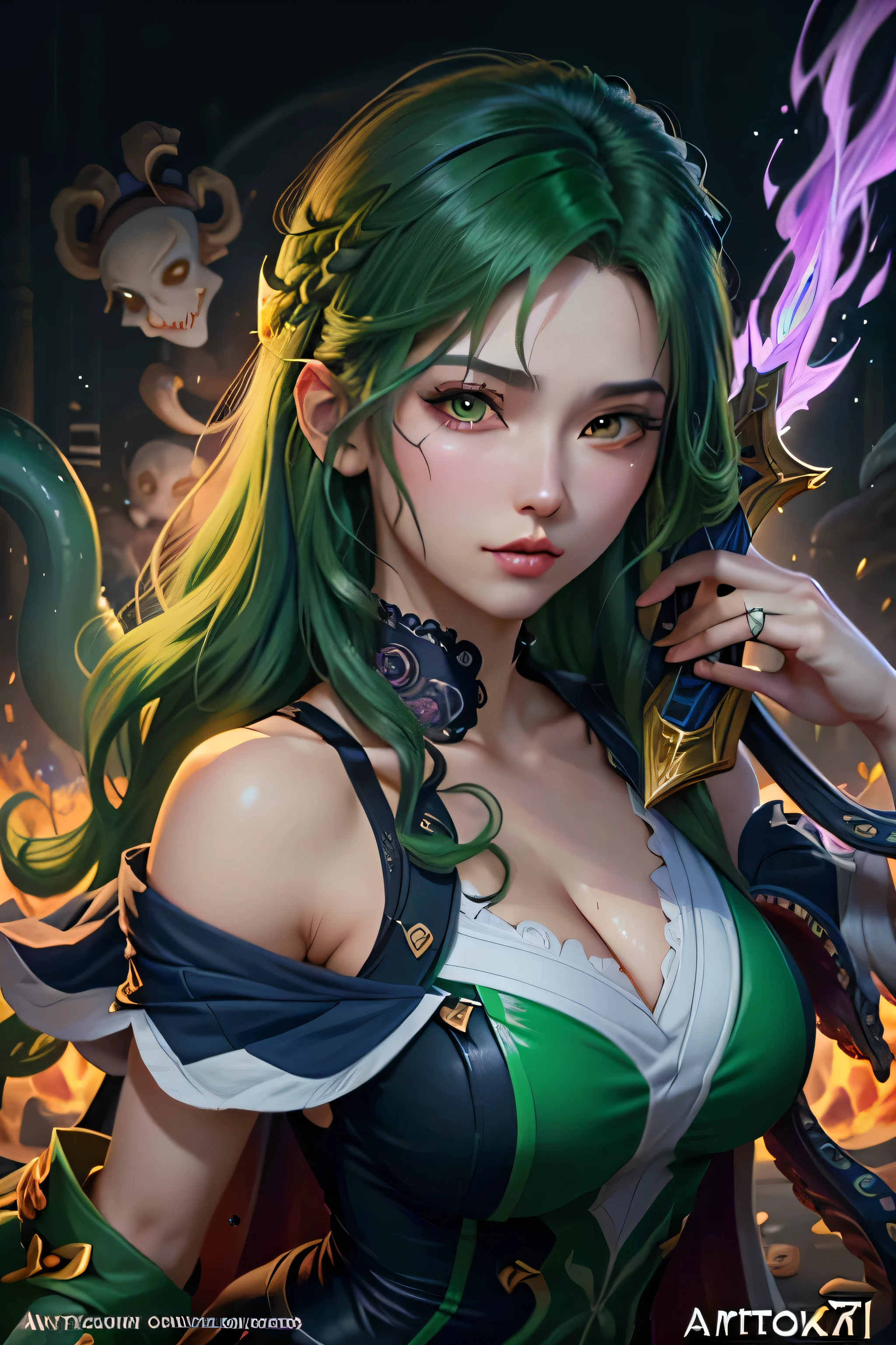 ((best quality)), ((masterpiece)), (detailed), green hair woman, Holding a sword, (Inspiration from Artgerm:1.2), (Pixiv competition winner:1.1), (Octopus Goddess:1.3), (violent art style:1.2), Close-up portrait, goddess skull, (Senna from League of Legends:1.1), (green curly hair tornado:1.2), card game illustration, Thick brush, HD anime wallpaper, (Akali in League of Legends:1.1), 8k resolution