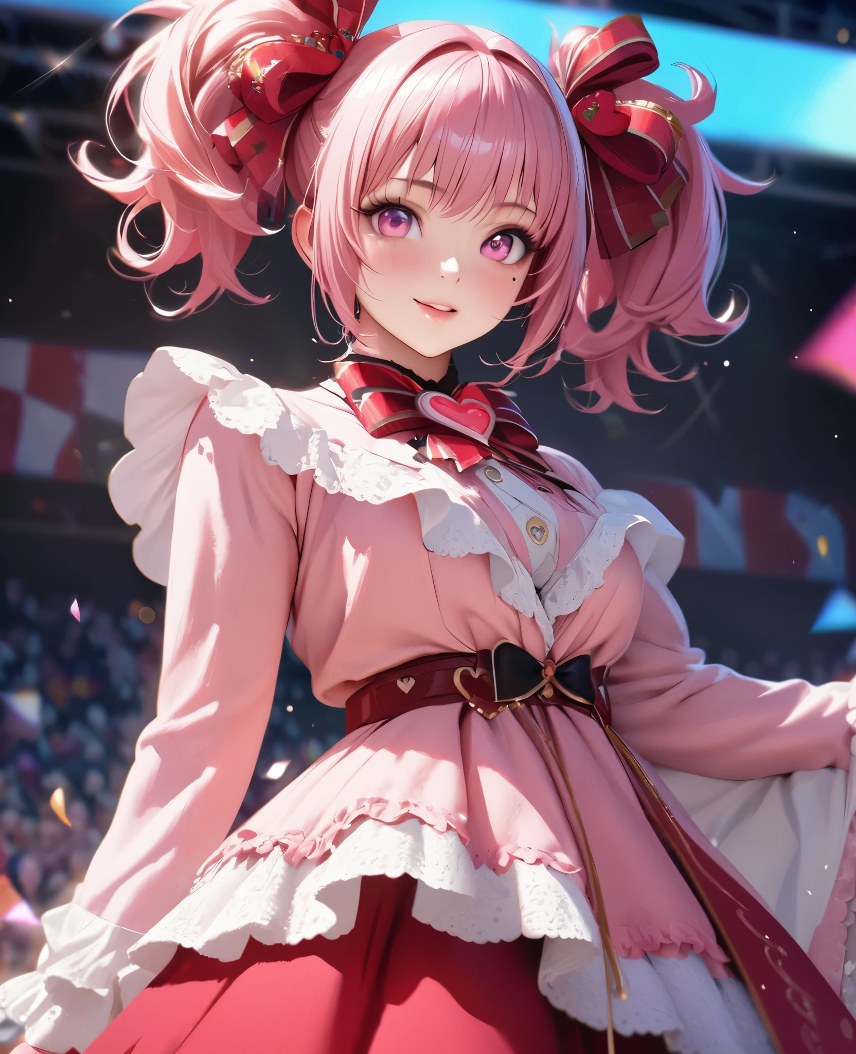 One Girl、Looking at the audience、
Beautiful pink eyes、short twin tail  hair , Mole under the eye、Plump and glossy lips、Heart-shaped choca、Idol、Her name is Rico,smile、ー、。.。.。.。.。.。.。.。.。.。.。.。.。.。.。.。.。.。.3D、Realistic、
off shoulder dress, Drape clothes、gem、The decoration has been removed、Floral、Lace trim,On a glittering stage、
masterpiece、highest quality、8k、Detailed skin texture、Detailed cloth texture、Beautifully detailed face、Intricate details、Very detailed、
超A high resolution、8k Ultra HD、Film Grain、Best Shadow、delicate、Gazing at the audience、front
