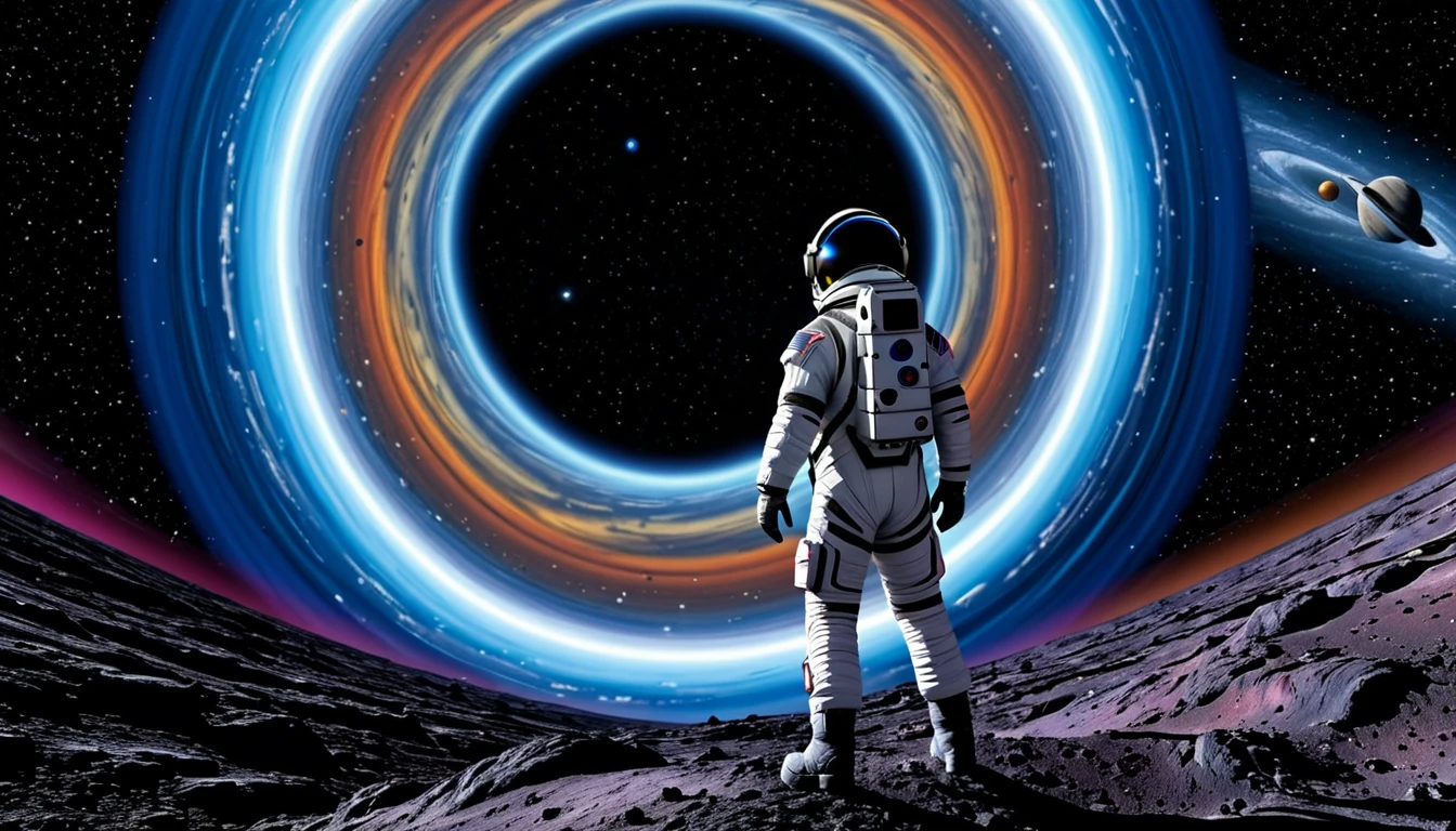 An astronaut in a spacesuit standing on the edge of a planet, looking out at a wormhole in space. The wormhole is a swirling vortex of color, and the astronaut is silhouetted against it. The planet is blue and white, and the sky is black. The astronaut is wearing a helmet, and his face is not visible. The image is highly detailed, and the colors are vibrant. The mood is one of awe and wonder.
