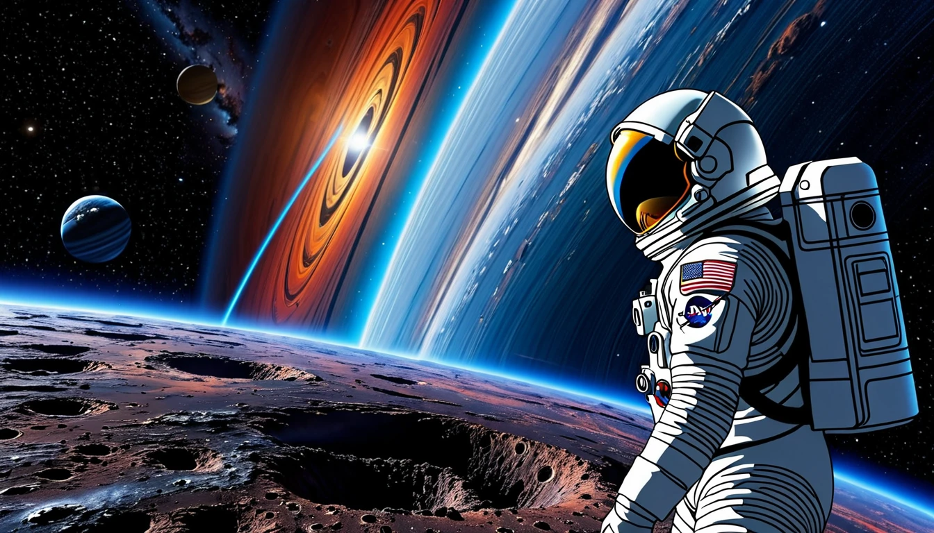 An astronaut in a spacesuit standing on the edge of a planet, looking out at a wormhole in space. The wormhole is a swirling vortex of color, and the astronaut is silhouetted against it. The planet is blue and white, and the sky is black. The astronaut is wearing a helmet, and his face is not visible. The image is highly detailed, and the colors are vibrant. The mood is one of awe and wonder.