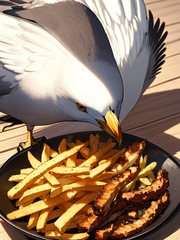 Seagull and Fries, UHD, retina, masterpiece, ccurate, anatomically correct, textured skin, super detail, high details, high quality, best quality, highres, 4K