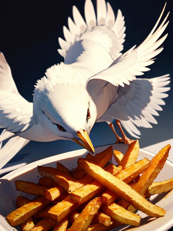 Seagull and Fries, UHD, retina, masterpiece, ccurate, anatomically correct, textured skin, super detail, high details, high quality, best quality, highres, 4K
