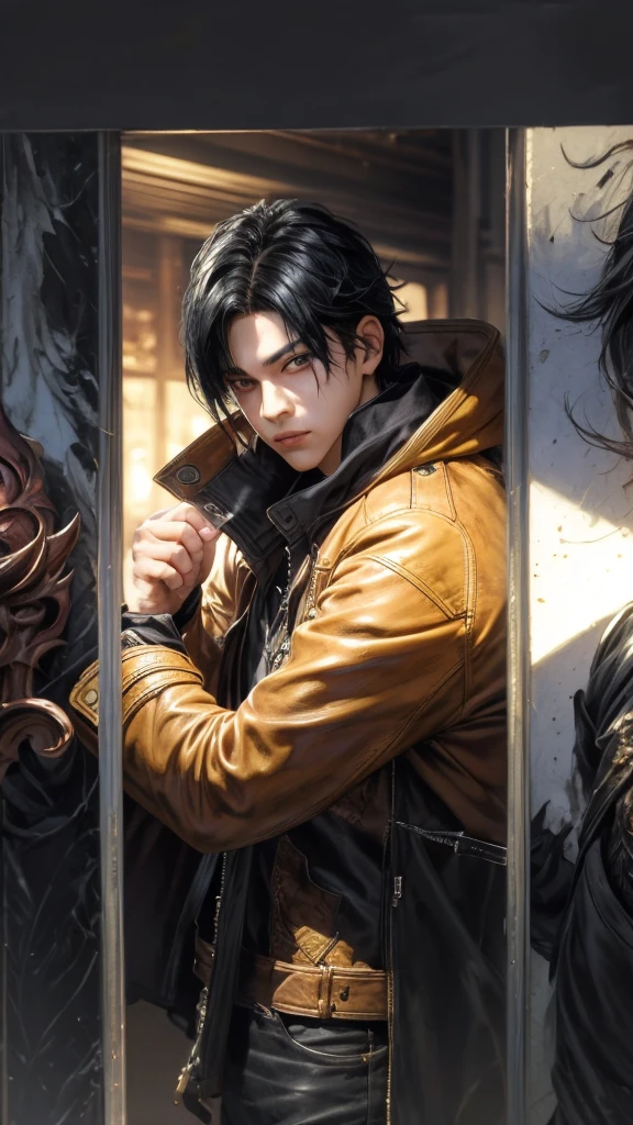 masterpiece, best quality, 1man, adult, male focus, solo, medium black hair, vibrant black eyes, looking at viewer, closed mouth, emo, Fantasy aesthetics, Highly detailed, shadowverse style, leather coat, using mask, realistic