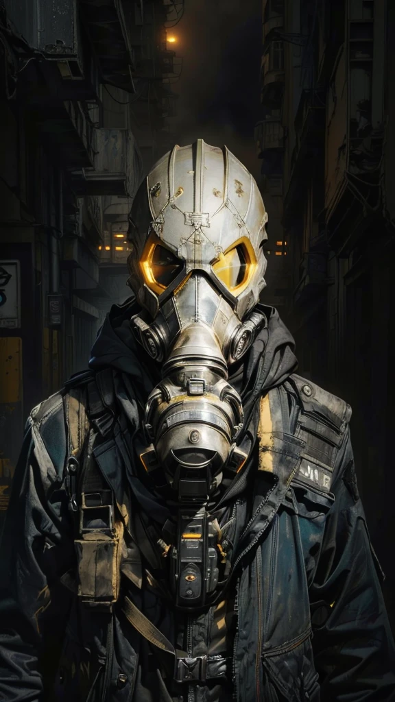 (Best Quality,16k,High Resolution,Masterpiece:1.2),Super Detail, Grotesque, Doom, male, Rebel, Masked, Rebel, Latex Gas Mask, Gas Mask With Yellow Accent Color, Disturbance, Dangerous Rebellion, Deep Hood, Dystopia, Post-Apocalypse, Disobedience, Anarchy, Rough Texture, Revolution, Building collapsed city, smoky toxic gas, weird lighting, burning sky, dim, ominous atmosphere, lost, social unrest, political turmoil