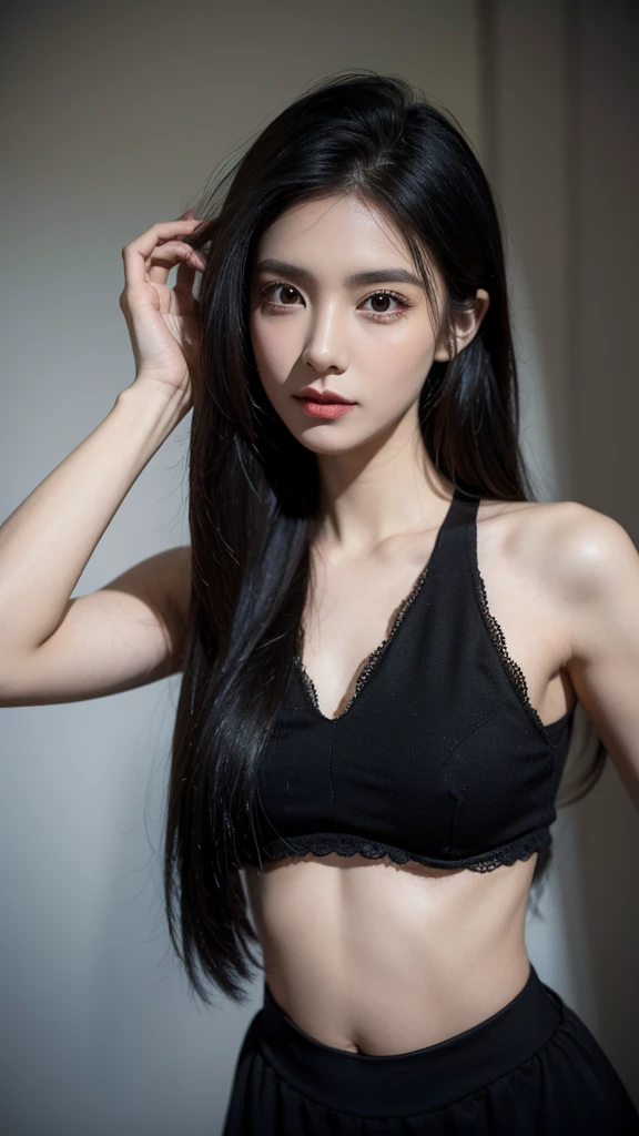accessories,Gothic style,Quiet,Light makeup,Sexy,Peerless Beauty,Intellectual,clavicle,Neat long hair,Black Hair,Delicate face,Exquisite facial features,Sexy red sweater,,Navel,Navel,Stand Up Straight。