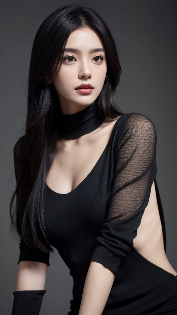 accessories,Gothic style,Quiet,Light makeup,Sexy,Peerless Beauty,Intellectual,clavicle,Neat long hair,Black Hair,Delicate face,Exquisite facial features,Sexy red sweater,,Navel,Navel,Stand Up Straight。