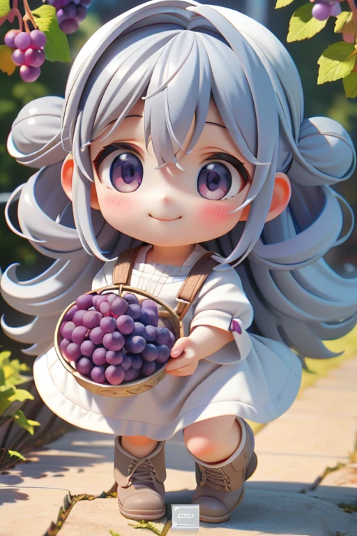 Octane Render, a Russian girl in her early teens with ash grey hair、(Hyper-detailing: 1.15)、(Soft light、sharp: 1.2)、Baby Face、morning、Harvesting grapes, Enjoy grape picking、full body Esbian、Distinctive ethnic hair ornaments、Farm Boots、 Fuji Film, F/4.0, masutepiece, Anatomically correct、A smile, radiant light