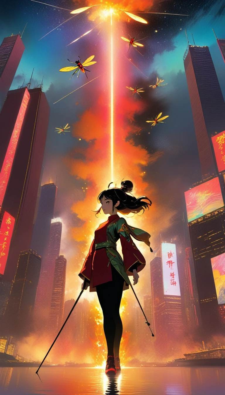 (((Highest quality))), (((Super detailed))), ((((Vivid)))), (((Beautifully detailed skies, Hongkong))),Hongkong night, Dark Sky, performer, shooting performer, lanthanum, lanthanum poles, ((((fire Fly, particle)))), (Red light), lake, landscape, (Art inspired by Bill Sienkiewicz) oil, Brushwork details add depth)