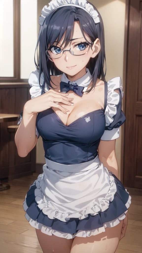 One girl,18-year-old,(Perfect hands:1.3), Perfect Fingers,Perfect Anatomy, (masterpiece:1.3), Highest quality,Realistic, hyperRealistic, 16K HDR, morning, short hair,(Beautiful female hands:1.3),Small hands,(Thin fingers:1.3), Navy Blue Hair, blue eyes, Glasses,gl is es, ,Cafe,Are standing,(Sweat:1.3),(Smile:1.2),Big Breasts,Cleavage,(Sexy maid outfit,Headdress:1.2),Ultra mini skirt,Frills,Sexy maid outfit,