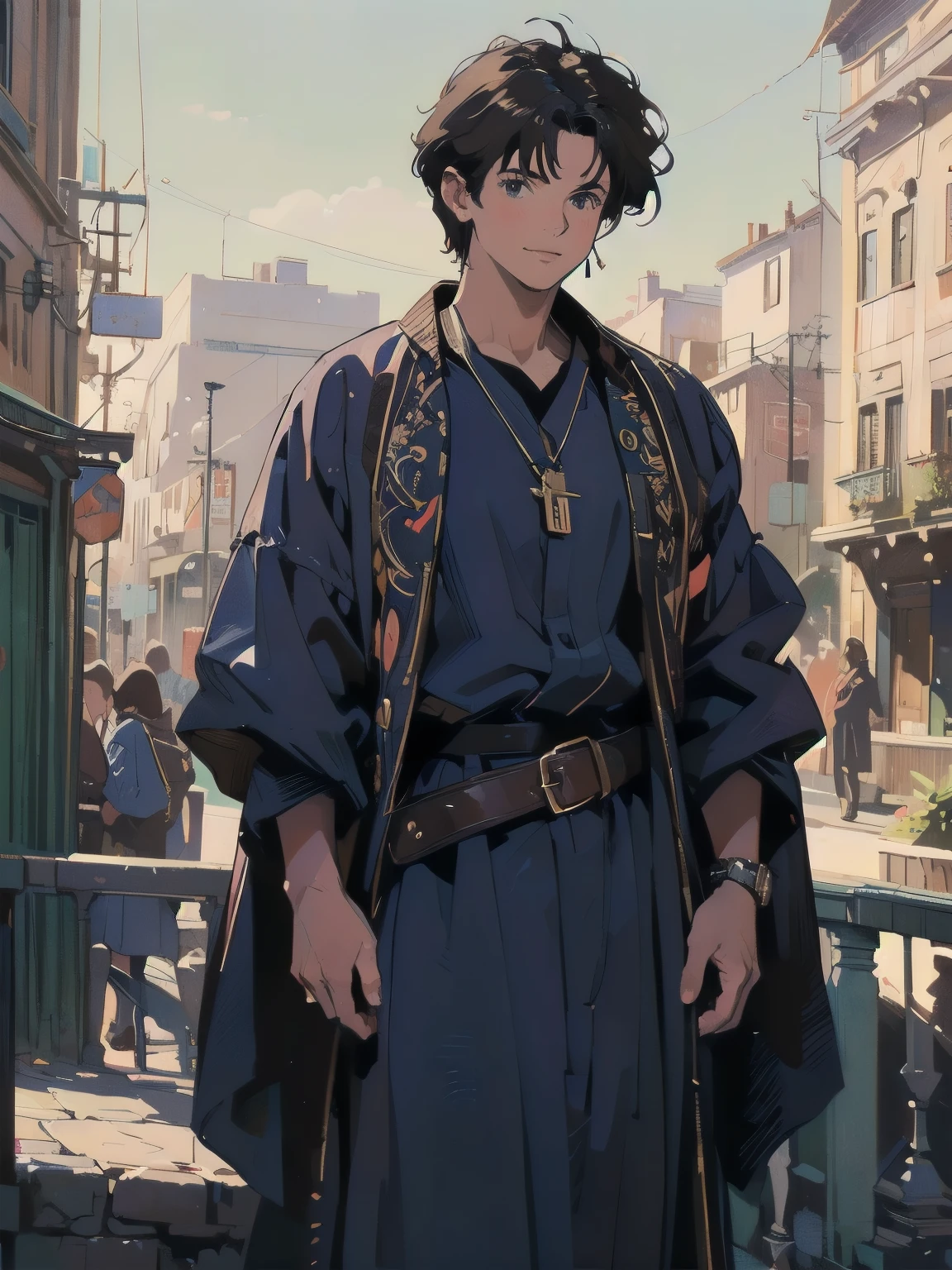 Anime Style, Tall, muscular young man, wearing blue robes from medieval Europe, intricate Damascus steel buckle on a brown leather belt, smile, (Highest quality,4K,8k,High resolution,masterpiece:1.2),Super detailed,(Realistic,photoRealistic,photo-Realistic:1.37)