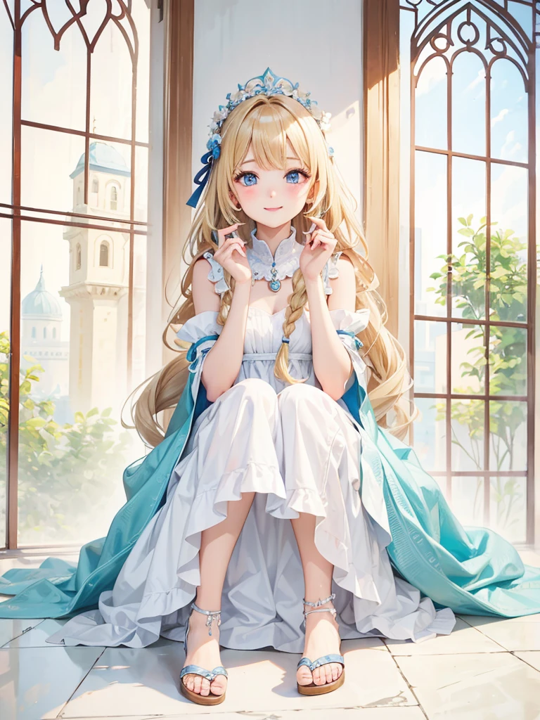 Blonde Hair、blue eyes、girl、Lady、Braiding、I have long hair。、girl、White dress、smile、Vertical Roll、Drill Hair、Wavy Hair、Sitting、palace、reservoir、Draw limbs correctly