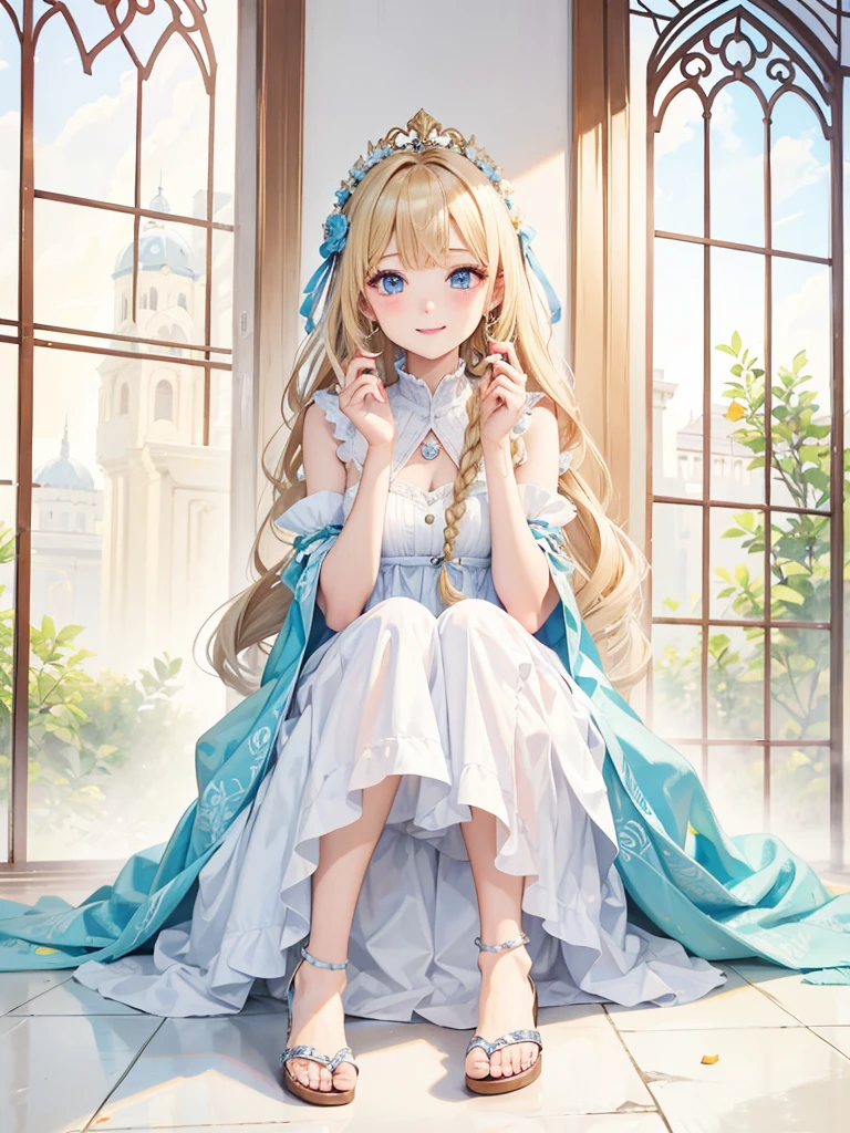 Blonde Hair、blue eyes、girl、Lady、Braiding、I have long hair。、girl、White dress、smile、Vertical Roll、Drill Hair、Wavy Hair、Sitting、palace、reservoir、Draw limbs correctly