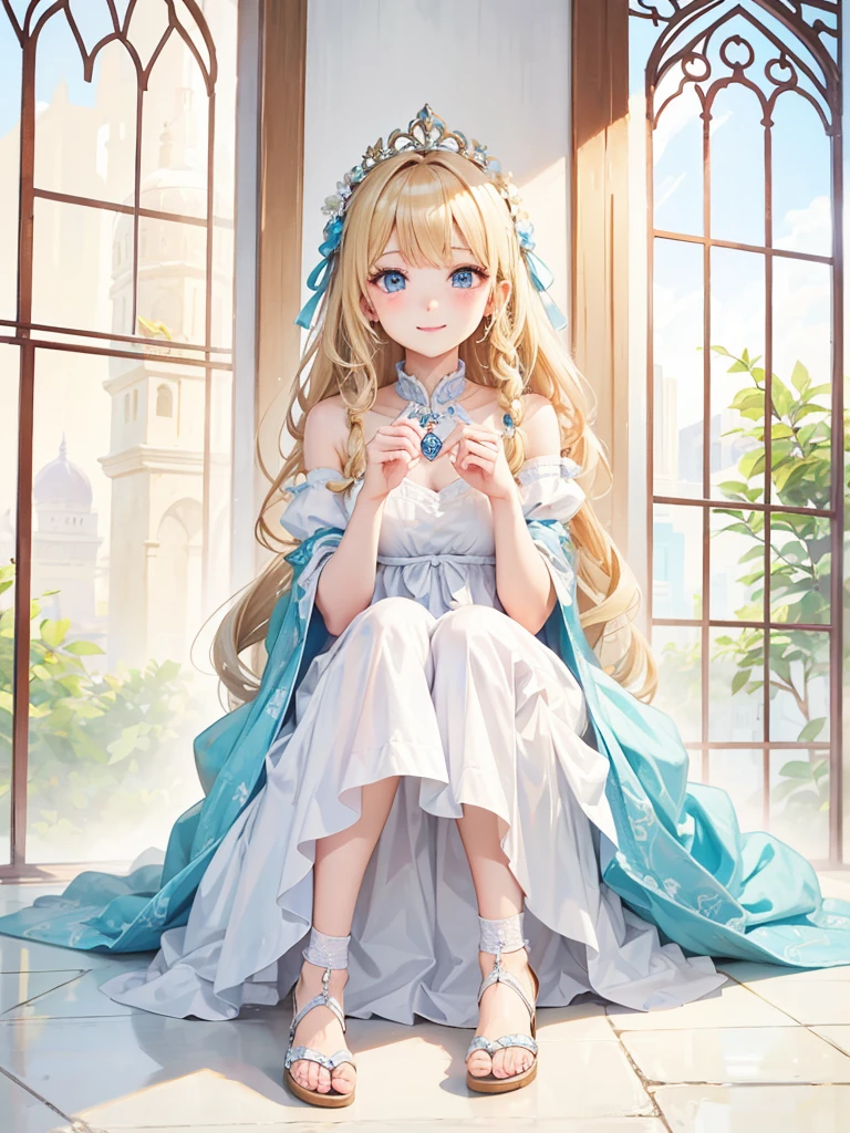 Blonde Hair、blue eyes、girl、Lady、Braiding、I have long hair。、girl、White dress、smile、Vertical Roll、Drill Hair、Wavy Hair、Sitting、palace、reservoir、Draw limbs correctly
