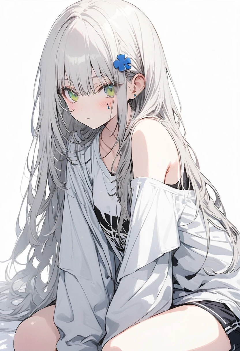 ((1girl)),16K,ultra detailed,(((high resolution))),straight hair,large breatst,(Masterpiece),Super detailed,Simple Background,White background,Cool look,((HK416)) ,expressionless,(white hair),((long hair)),age Girls,Clear Eyes,(Green Eyes),Clear white skin,Great graphics,((full body)),((white clothes))、T-shirts, mini Sweatpants,Thighs、Exposing shoulders