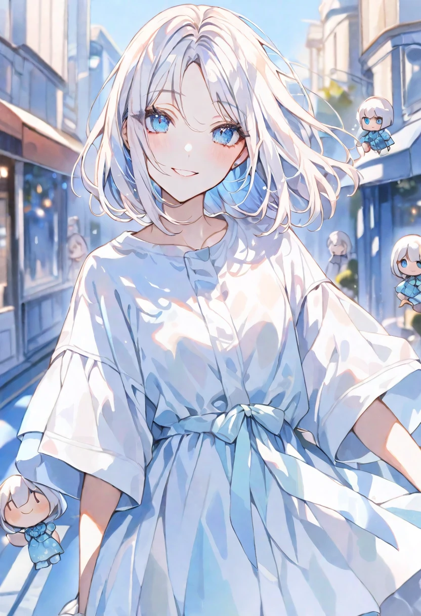 solo, handsome, Mini character,1/2,
Watercolor 1. Female,
Straight Bob Hair, Light,White colored hair,
Blue eyes,Softlook,Lolita,Drooping eyes,
Street Style,Oversized shirt,Casual Dresses,skin,Sexy,smile,gem,
blue background ,