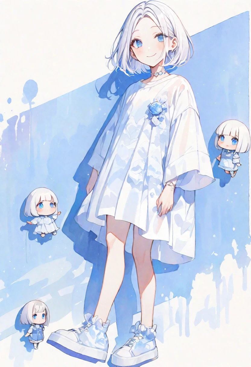 solo, handsome, Mini character,1/2,
Watercolor 1. Female,
Straight Bob Hair, Light,White colored hair,
Blue eyes,Softlook,Lolita,Drooping eyes,
Street Style,Oversized shirt,Casual Dresses,skin,Sexy,smile,gem,
blue background ,
