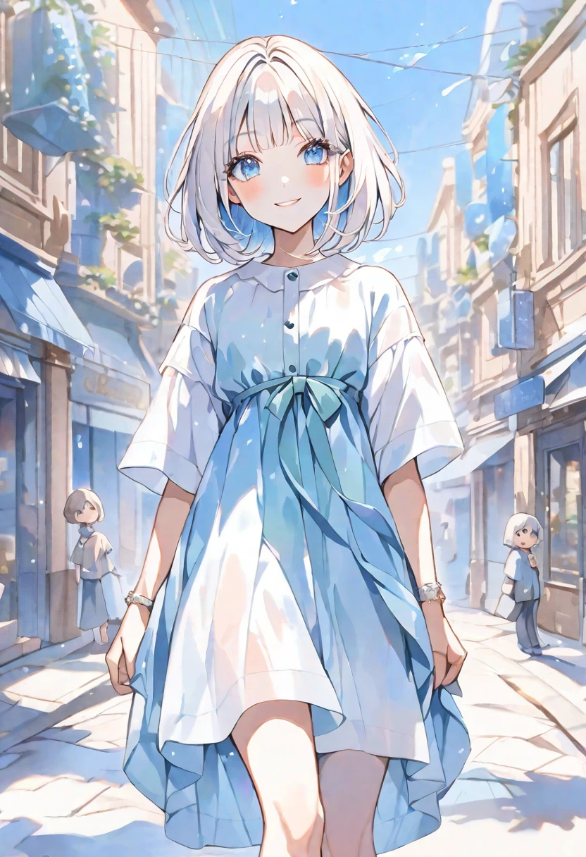 solo, handsome, Mini character,1/2,
Watercolor 1. Female,
Straight Bob Hair, Light,White colored hair,
Blue eyes,Softlook,Lolita,Drooping eyes,
Street Style,Oversized shirt,Casual Dresses,skin,Sexy,smile,gem,
blue background ,