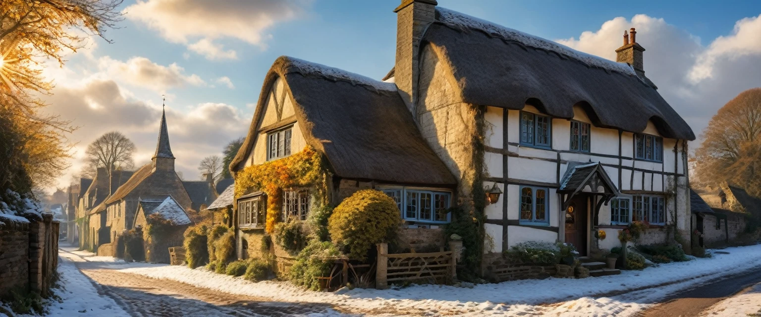 a beautiful detailed countryside landscape in the snow, rolling white snowy hills, a quaint old english town, village, thatched roof cottages, cobblestone streets, an old tudor tavern, a snow man, a majestic Clock tower,fluffy clouds in a blue sky, warm golden sunlight, winter foliage details, charming rustic atmosphere, a beautiful country church, (best quality,8k,hyperrealistic,masterpiece:1.2),incredibly detailed,ultra-detailed,photorealistic,cinematic lighting,dramatic shadows,vibrant colors, oil painting, extremely aesthetic compositio