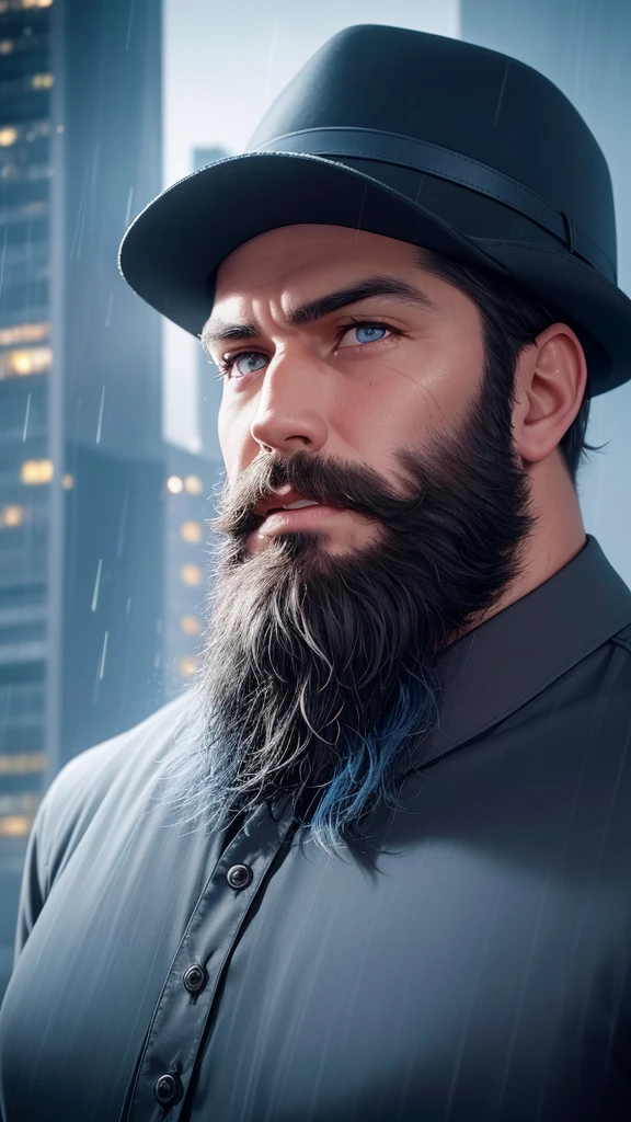 A sad man, short beard, wear hat, standing on the skycraper building with their loneliness, anger on the face, soaked wet building, rainy night, detailed portrait, wet in the rain, thunder lighting in the sky, dynamic pose, model pose, realistic face, detailed blue hairs, red eye lense, ray tracing with 8K UHD resolution.