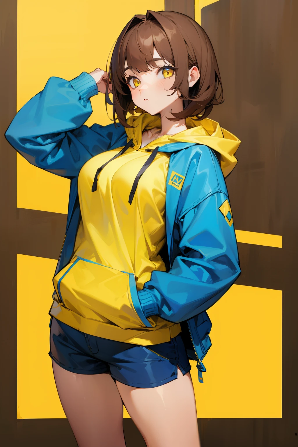 Girl, brown hair, yellow eyes, cool features, blue hoodie, blue hoodie, short pants, big breasts