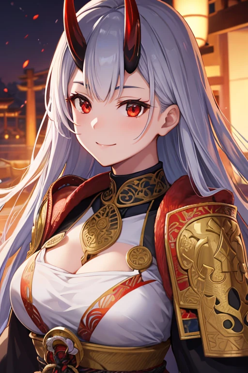 a beautiful woman with red eyes, cute smile, oni horns, in detailed japanese armor, masterpiece, (realistic:1.2), (highly detailed:1.2), (intricate:1.3), highres, 8k, photorealistic, physically-based rendering, professional, vibrant colors, dramatic lighting, portrait, samurai, epic, cinematic, detailed face and features