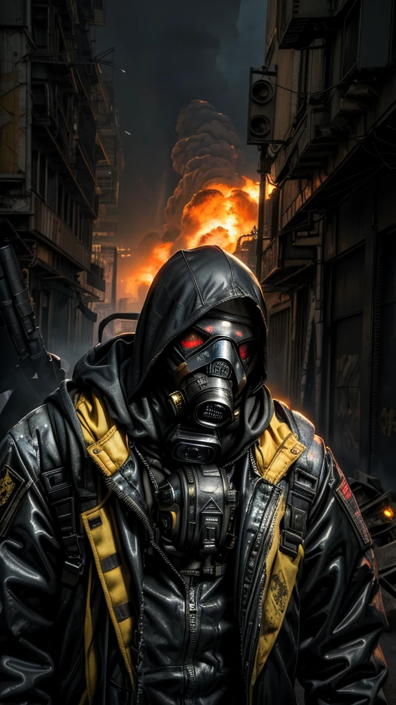 (Best Quality,16k,High Resolution,Masterpiece:1.2),Super Detail, Grotesque, Doom, male, Rebel, Masked, Rebel, Latex Gas Mask, Gas Mask With Yellow Accent Color, Disturbance, Dangerous Rebellion, Deep Hood, Dystopia, Post-Apocalypse, Disobedience, Anarchy, Rough Texture, Revolution, Building collapsed city, smoky toxic gas, weird lighting, burning sky, dim, ominous atmosphere, lost, social unrest, political turmoil