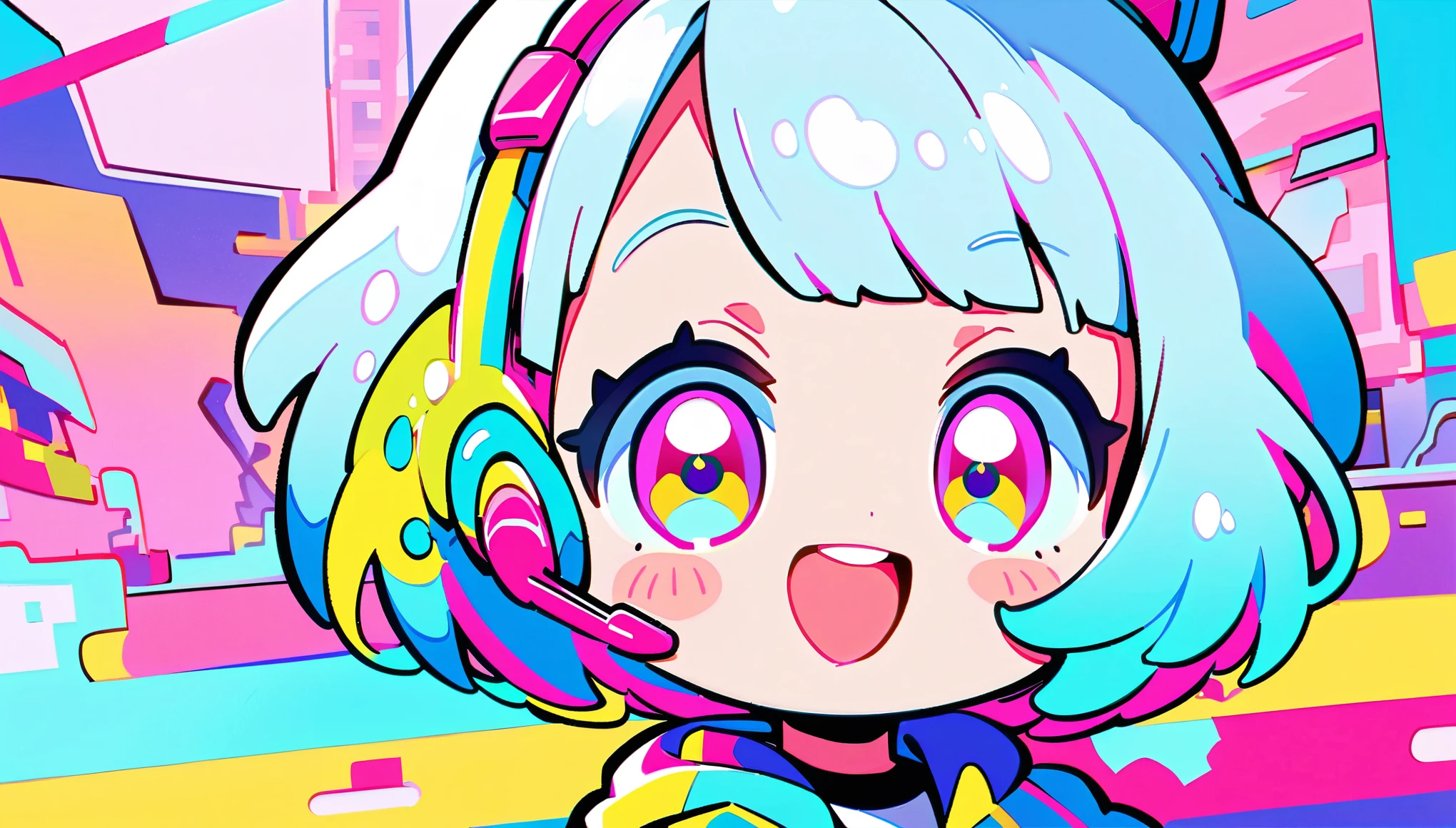 headset, Vibrant art,pop、bright、colorful, 1 female, Light blue hair, short hair、Happy,cute, animation style, kawaii, clearly, colorful cyberpunk, bubblegum pop, cute、Pink and light blue as main colors、I'm cheering loudly、 Headphonesをしている、Headphones、music、