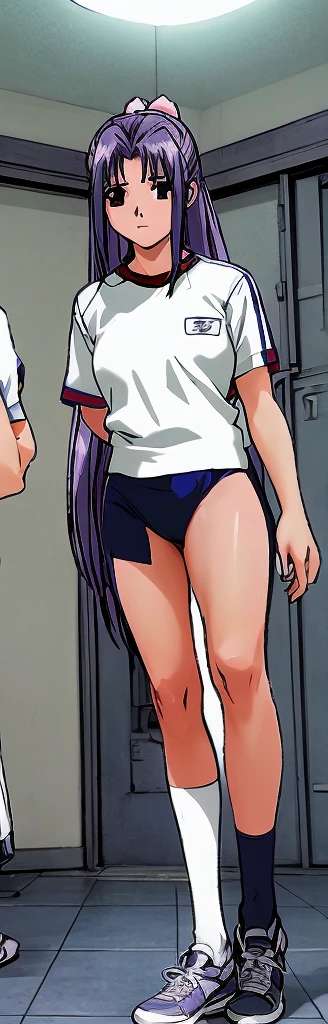 Momoko Koigakubo, a tall girl with beautiful legs, is standing with her legs spread to the sides in a white gym uniform and light navy blue bloomers that look like panties.。Angle seen from an angle。