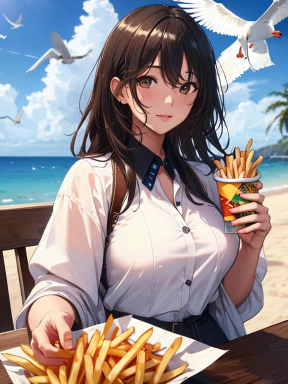 Seagulls and French fries, UHD, retina, masterpiece, ccurate, anatomically correct, textured skin, super detail, high details, high quality, best quality, highres, 4K