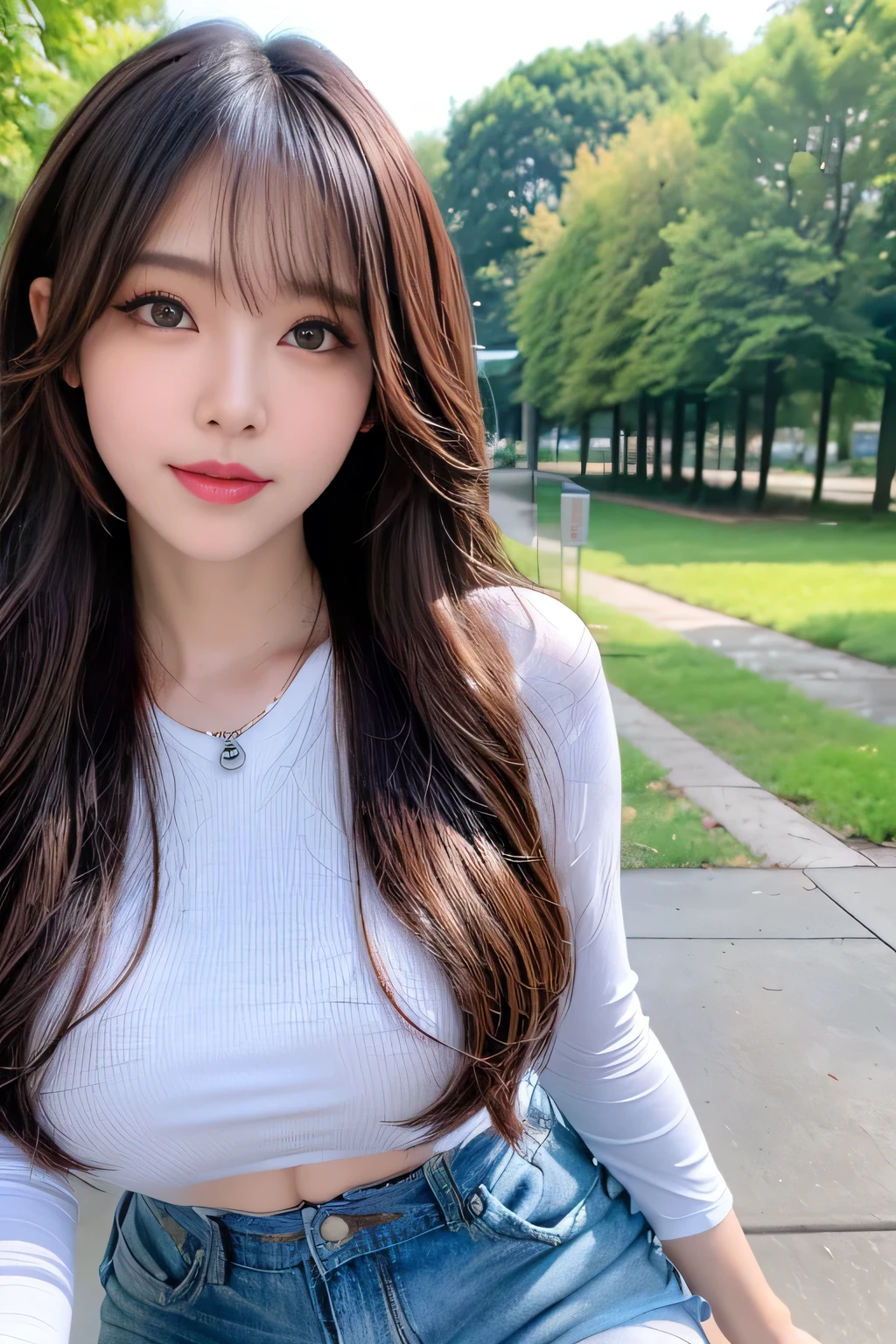 ((Full Body Angle))、((Front hair:1.2))、((Highest quality, 8K, masterpiece: 1.3)), concentrated: 1.2, Cute girl 1,Nipples erect、 Perfect beauty: 1.4,Cut and sewn T-shirt Raglan sleeve summer short sleeve T-shirt.Shorts: 1.2,Long sleeve、Randall Color、comics＆Text Graphics、Black ruffle-trimmed drawstring zip blouse,1.1, Highly detailed face and skin textures, Fine grain, double eyelid, whitening skin, ,Highest quality,Ultra-high resolution,you,1 girl,alone,_Shiny_skin,Iris,necklace,((brown_length_Wavy_hair)),(lips)),eyelash,Front hair,deal with,compensate,Shiny,pore,skin,Large Breasts、smiling face、Walking in the park、walk、