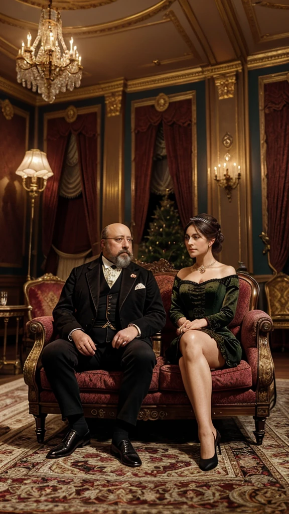 King edward VII of england alongside with two woman , The room is filled with luxurious Victorian decor, such as velvet chairs, intricate rugs, and ornate lamps. The king and the women are engaged in relaxed conversation, creating a sense of closeness and comfort within an opulent setting. Masterpiece, HD, UHD, Perfect and detailed eyes and face