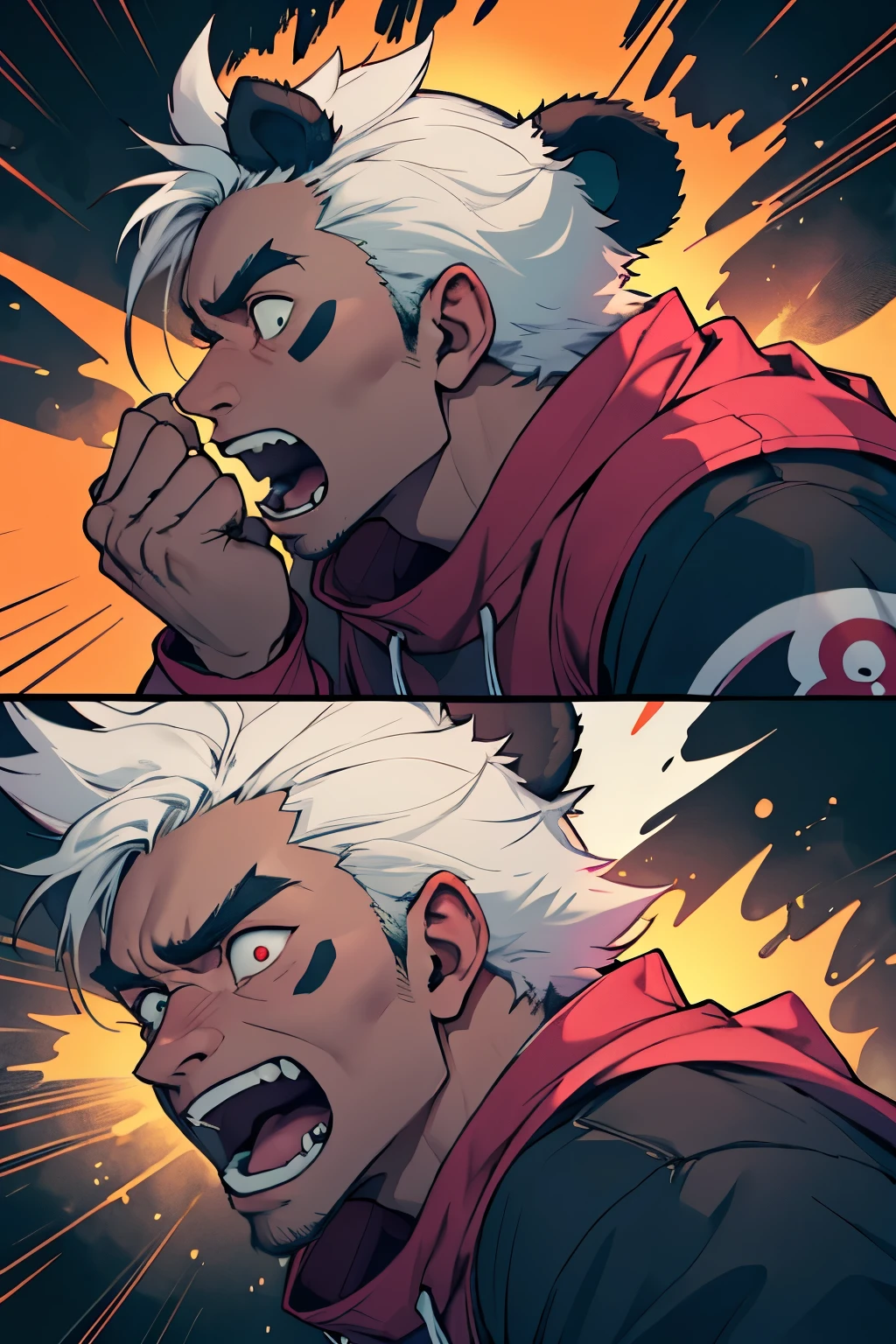 4k quality, HDR+, guy, dude, male face, tanned skin, brown face, 25 yr old man with panda ears, short/medium white hair, masculine, 2d scared screaming face with eyes popping out, but make it more terrified, male, guy, dude with panda ears, screaming, scream, scared, terrified, full profile, full face, wearing pink and teal clothing