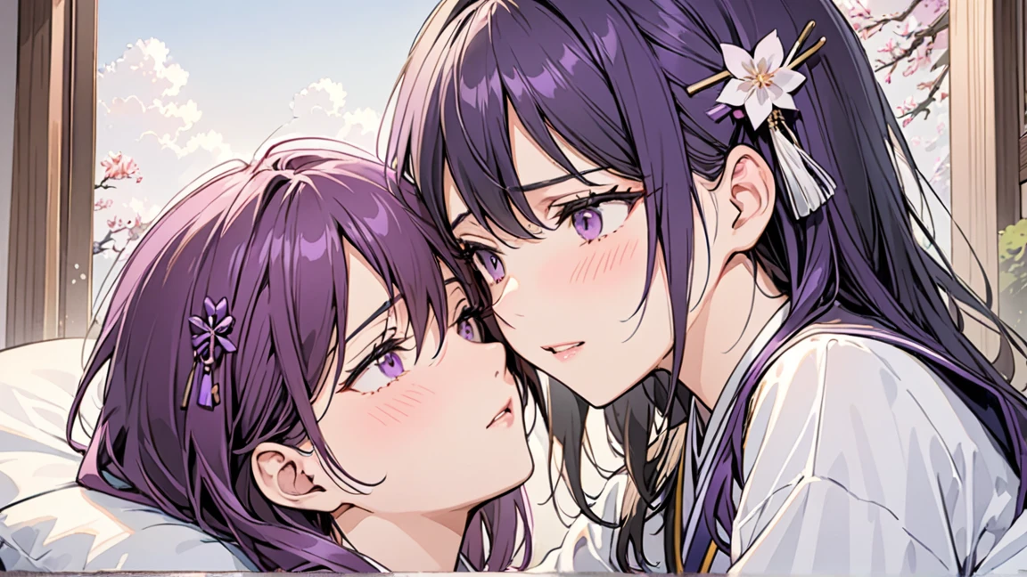 2D, masterpiece, Highest quality, Japanese Manga, Very detailed, 1 Girl, , Yuri, Purple eyes, Purple Hair, Hair between the eyes, hairpin, uniform, Sick face