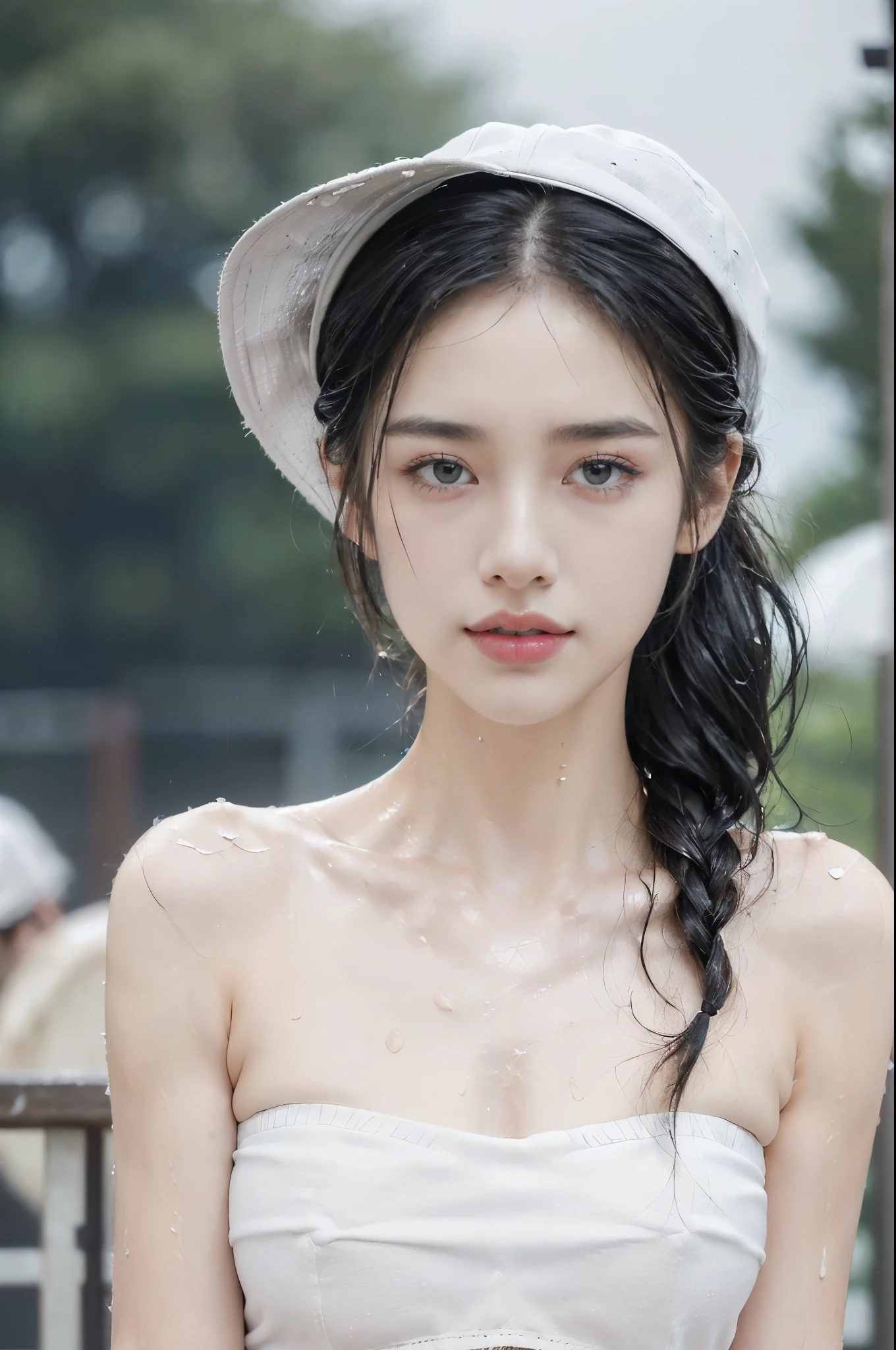 (Extremely meticulous CG),(((8k))),wallpaper,((Extremely refined and beautiful)),(((Masterpiece))),(((best qualtiy))),(((Ultra High Resolution))),realistic shaded,(Smooth and flawless fair skin:1.5),(Extremely exquisite facial details:1.2),(ultra-detailed:1.5),((a beautiful girl,solo)),(White baseball cap:1.5),(short ponytail:1.3),(wet hair:1.5),(small head:1.2),(slender face:1.2),(Exquisite makeup:1.3),(happy:1.2),(laughing:1.2),(perfect body:1.1),(wet:1.5),(sweat:1.3),(shiny skin:1.5),(strapless white bra:1.3),(small breasts:1.3),(flat chest:1.2),((slim,thin)),(from front:1.3),(standing:1.3),(at the schoolgate:1.5),(urban landscape:1.3),(outdoor:1.3),(summer:1.3),(day scene:1.3),(dark lighting:1.5),(cloudy:1.5),(rainy:1.3),(overcast:1.5),(close-up of face:1.3),(surrounded by crowded crowds:1.5)