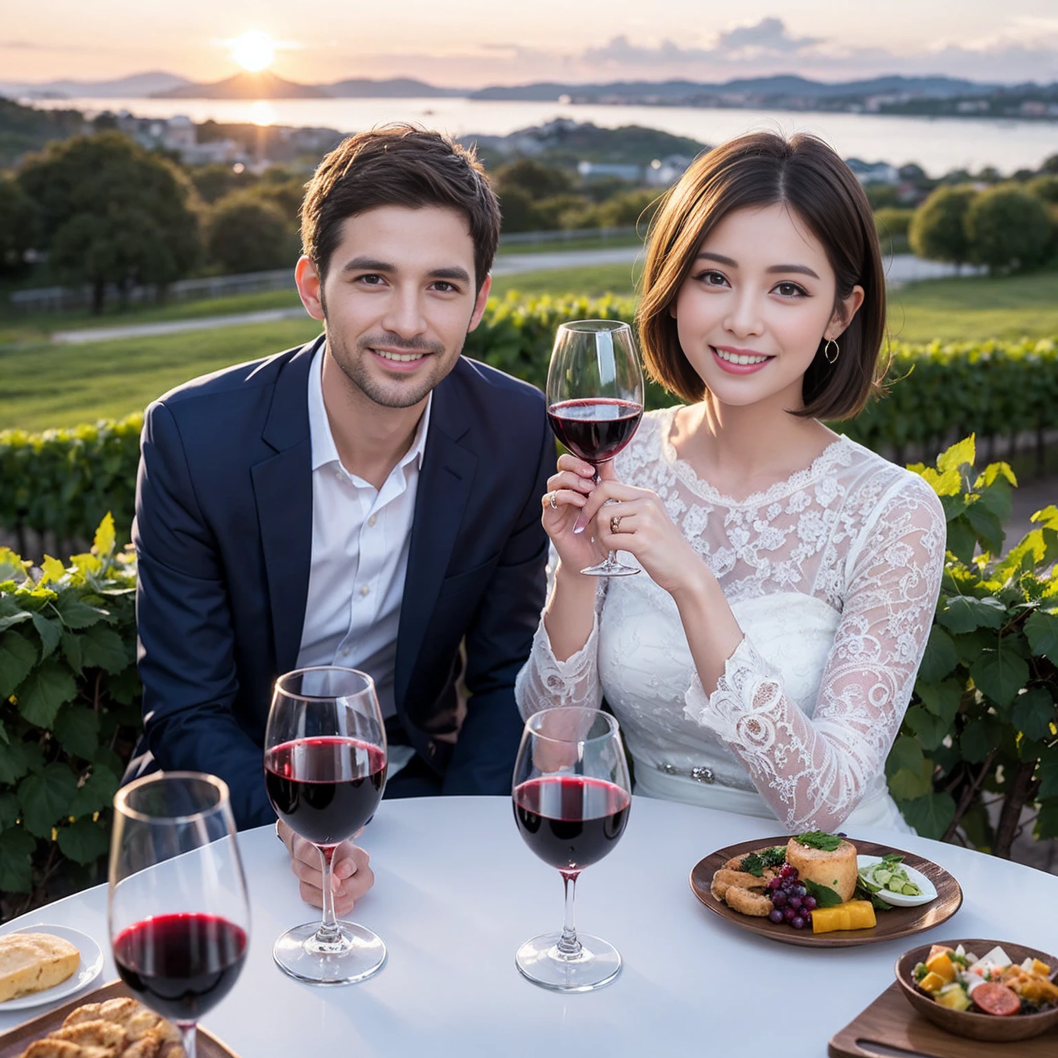 ((Highest quality、8k、masterpiece:1.3))、 (Genuineistic, Genuine、Bright image、Intricate details:1.2), Best smile 1 man 1 woman、Beautiful Couple、spouse、Couple、spouse、Beautiful Couple、Smile、full-course dinner、 (Slim face), (The body is slim), (Brown Hair), (short hair), テーブルの上のwine glass、Please shine a light on my face、 Amazing view of the sunset sky and clouds、 (age 34), 41 years old, red wine 、Appetizers、Wine bottle、sparkling wine、Long sleeve shirt、dress、White wine, red wine, wine glass, 