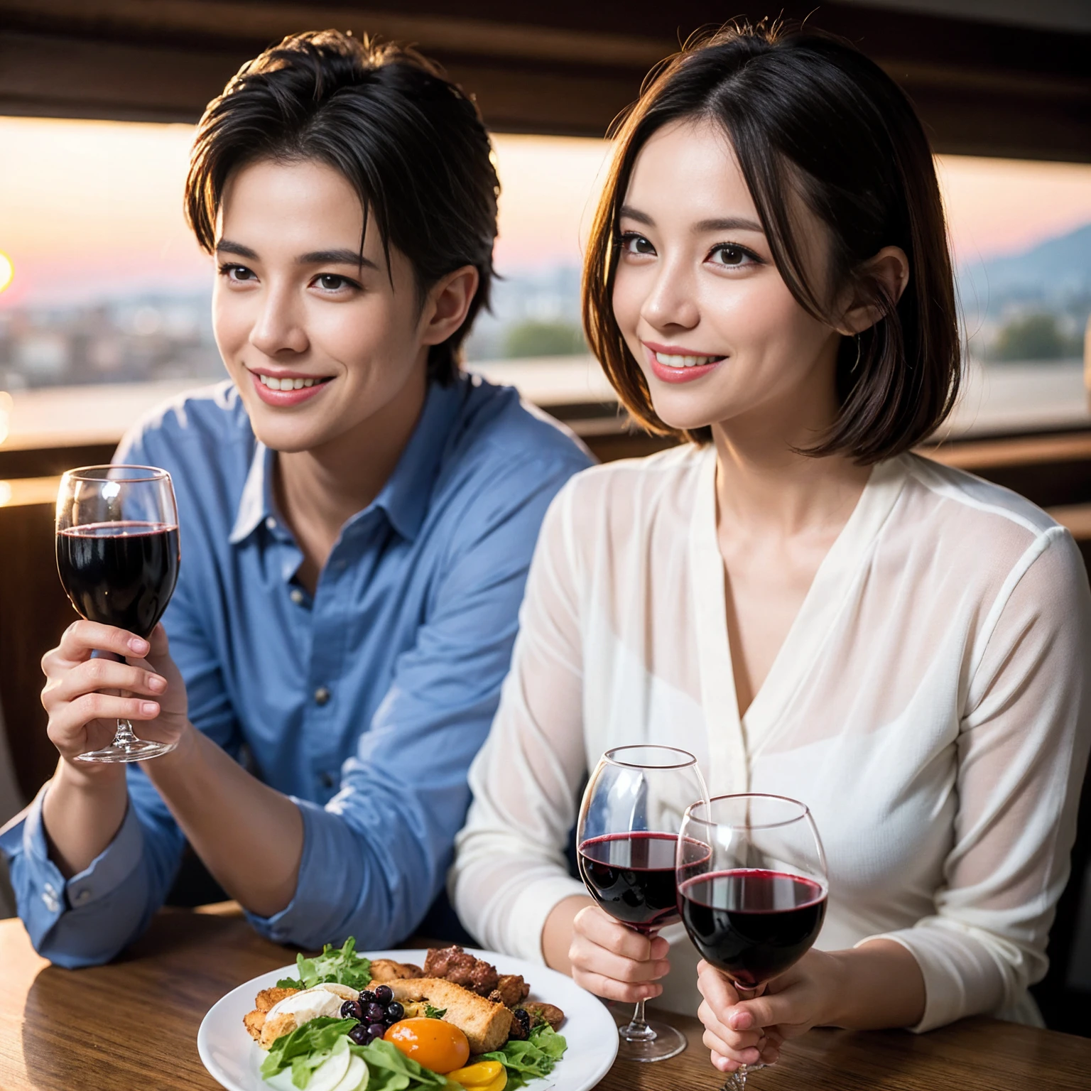 ((Highest quality、8k、masterpiece:1.3))、 (Genuineistic, Genuine、Bright image、Intricate details:1.2), Best smile 1 man 1 woman、Beautiful Couple、spouse、Couple、spouse、Beautiful Couple、Smile、full-course dinner、 (Slim face), (The body is slim), (Brown Hair), (short hair), テーブルの上のwine glass、Please shine a light on my face、 Amazing view of the sunset sky and clouds、 (age 34), 41 years old, red wine 、Appetizers、Wine bottle、sparkling wine、Long sleeve shirt、dress、White wine, red wine, wine glass,