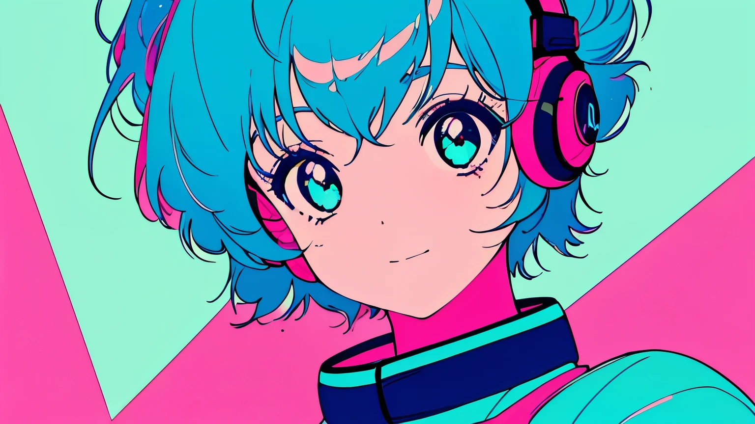 head set, Vibrant art,pop、bright、colorful, 1 female, Light blue hair,　short hair、Happy,cute, animation style, kawaii, clearly, colorful cyberpunk, bubblegum pop, cute、Pink and light blue as main colors、Headphonesをしている、Headphoneusic、