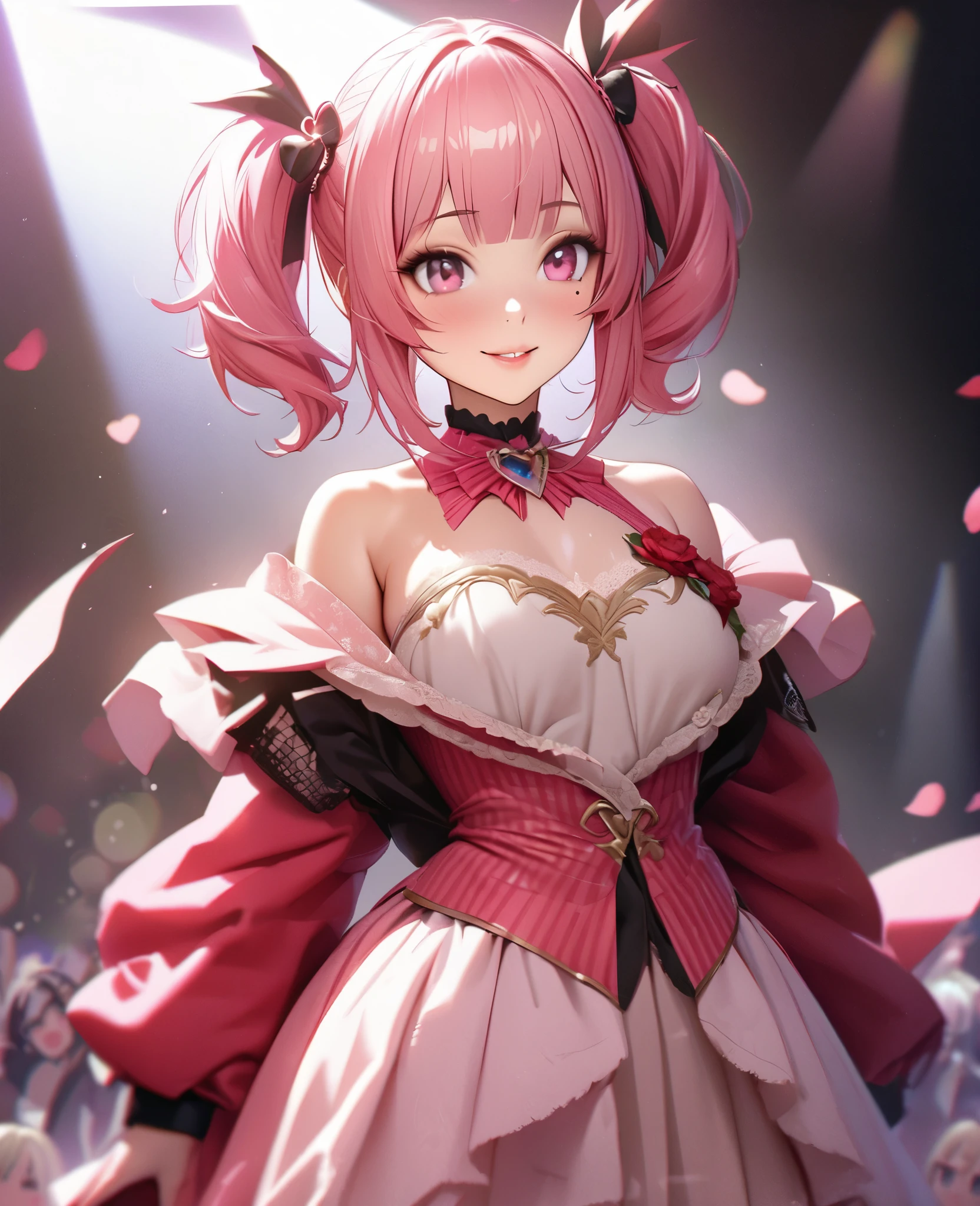 One Girl、Looking at the audience、
Beautiful pink eyes、short twin tail hair , Mole under the eye、Plump and glossy lips、Heart-shaped choca、Idol、Her name is Rico,smile、ー、。.。.。.。.。.。.。.。.。.。.。.。.。.。.。.。.。.。.3D、Realistic、
off shoulder dress, Drape clothes、gem、The decoration has been removed、Floral、Lace trim,On a glittering stage、
masterpiece、highest quality、8k、Detailed skin texture、Detailed cloth texture、Beautifully detailed face、Intricate details、Very detailed、
超A high resolution、8k Ultra HD、Film Grain、Best Shadow、delicate、Gazing at the audience、front