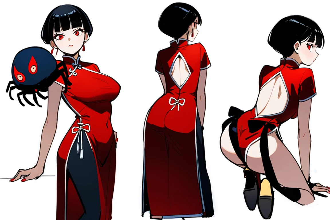 (The same character,front,side,back)White background,(whole body)Female spider spirit,Black hair,Red eyes,Wearing cheongsam,There are six legs behind,whole body像,Equal proportions,Same clothes,Same shoes,有side,有front,有back