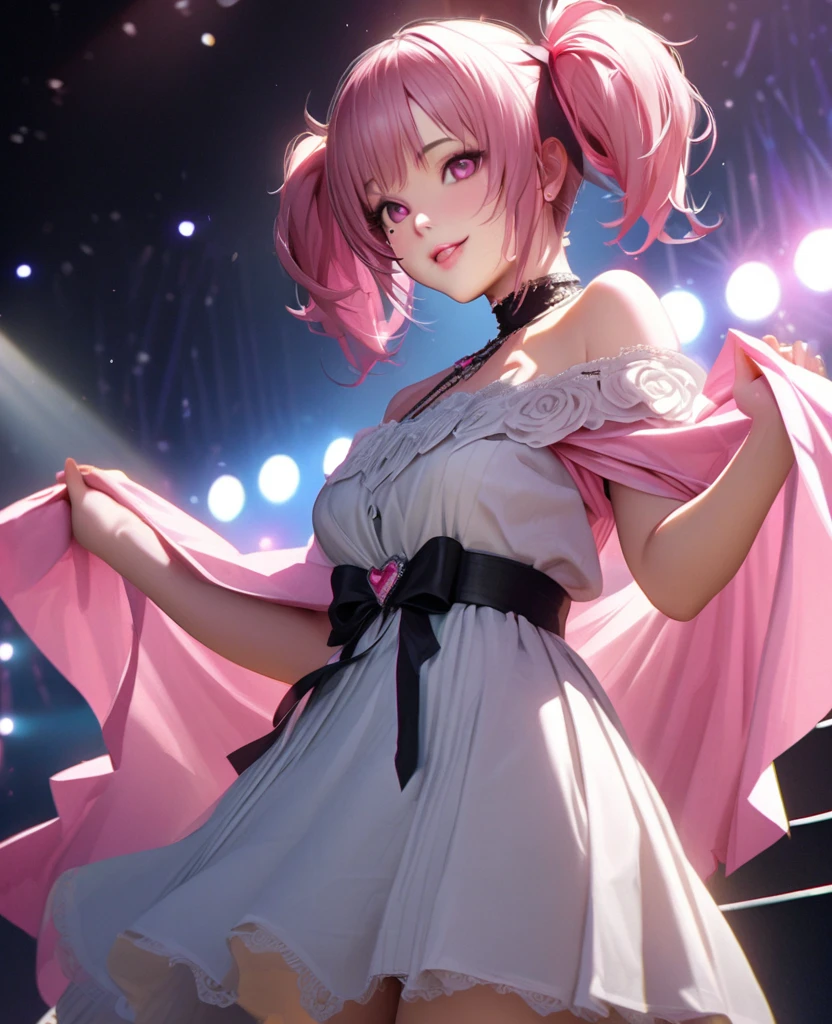One Girl、Looking at the audience、
Beautiful pink eyes、short twin tail  hair , Mole under the eye、Plump and glossy lips、Heart-shaped choca、Idol、Her name is Rico,smile、ー、。.。.。.。.。.。.。.。.。.。.。.。.。.。.。.。.。.。.3D、Realistic、
off shoulder dress, Drape clothes、gem、The decoration has been removed、Floral、Lace trim,On a glittering stage、
masterpiece、highest quality、8k、Detailed skin texture、Detailed cloth texture、Beautifully detailed face、Intricate details、Very detailed、
超A high resolution、8k Ultra HD、Film Grain、Best Shadow、delicate、Gazing at the audience、front