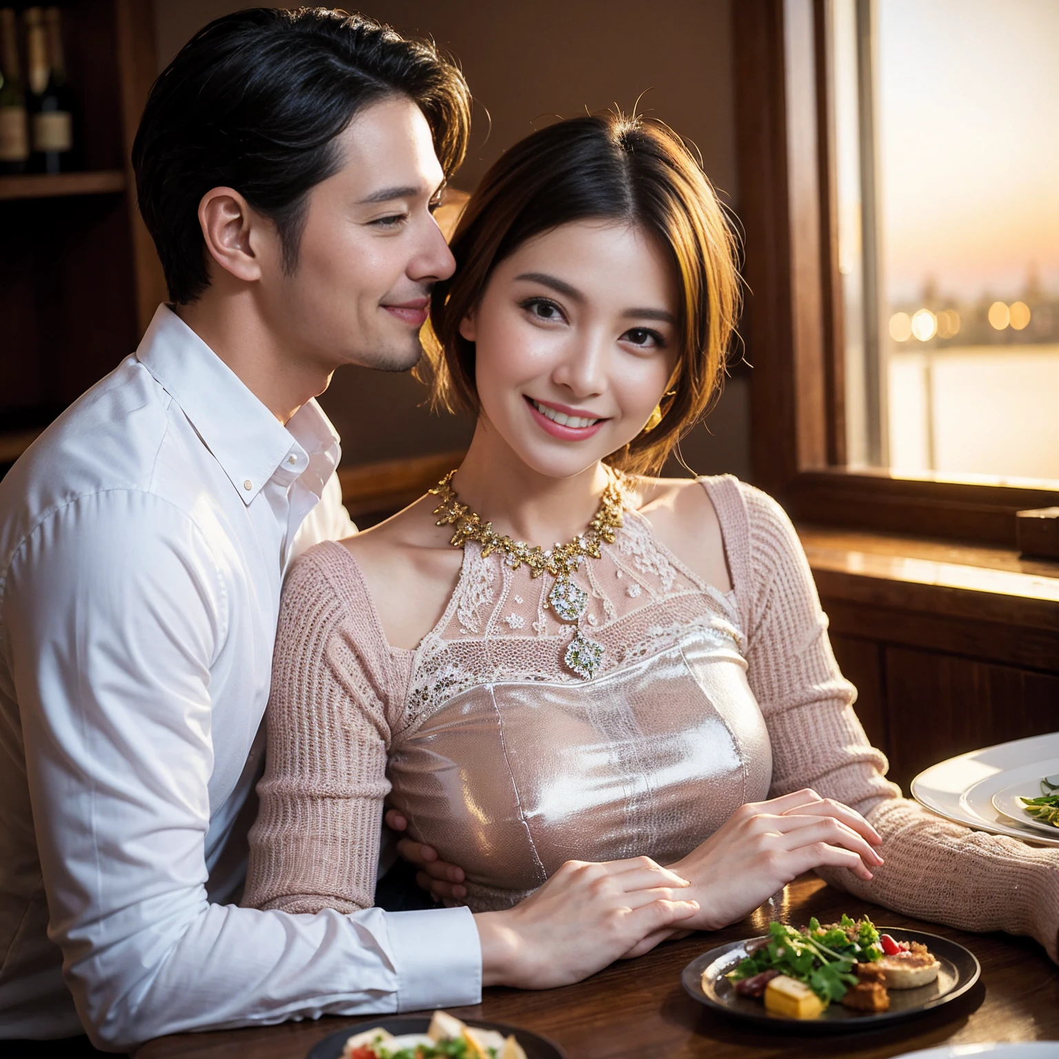 ((Highest quality、8k、masterpiece:1.3))、 (Genuineistic, Genuine、Bright image、Intricate details:1.2), Best smile 1 man 1 woman、Beautiful Couple、spouse、Couple、spouse、Beautiful Couple、Smile、full-course dinner、 (Slim face), (The body is slim), (Brown Hair), (short hair), テーブルの上のwine glass、Please shine a light on my face、 Amazing view of the sunset sky and clouds、 (Age 36), 41 years old, red wine 、Appetizers、Wine bottle、sparkling wine、Long sleeve shirt、dress、White wine, red wine, wine glass,
