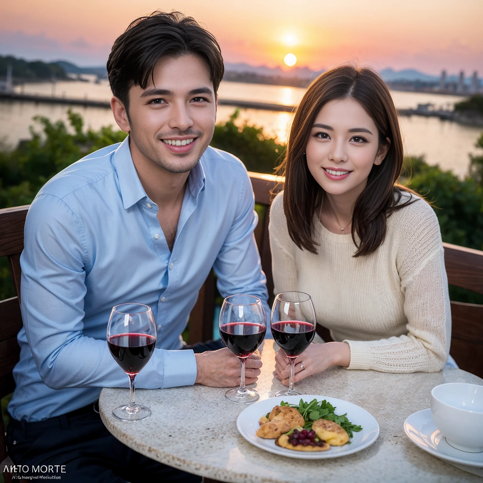 ((Highest quality、8k、masterpiece:1.3))、 (Genuineistic, Genuine、Bright image、Intricate details:1.2), Best smile 1 man 1 woman、Beautiful Couple、spouse、Couple、spouse、Beautiful Couple、Smile、full-course dinner、 (Slim face), (The body is slim), (Brown Hair), (short hair), テーブルの上のwine glass、Please shine a light on my face、 Amazing view of the sunset sky and clouds、 (Age 36), 41 years old, red wine 、Appetizers、Wine bottle、sparkling wine、Long sleeve shirt、dress、White wine, red wine, wine glass, 
