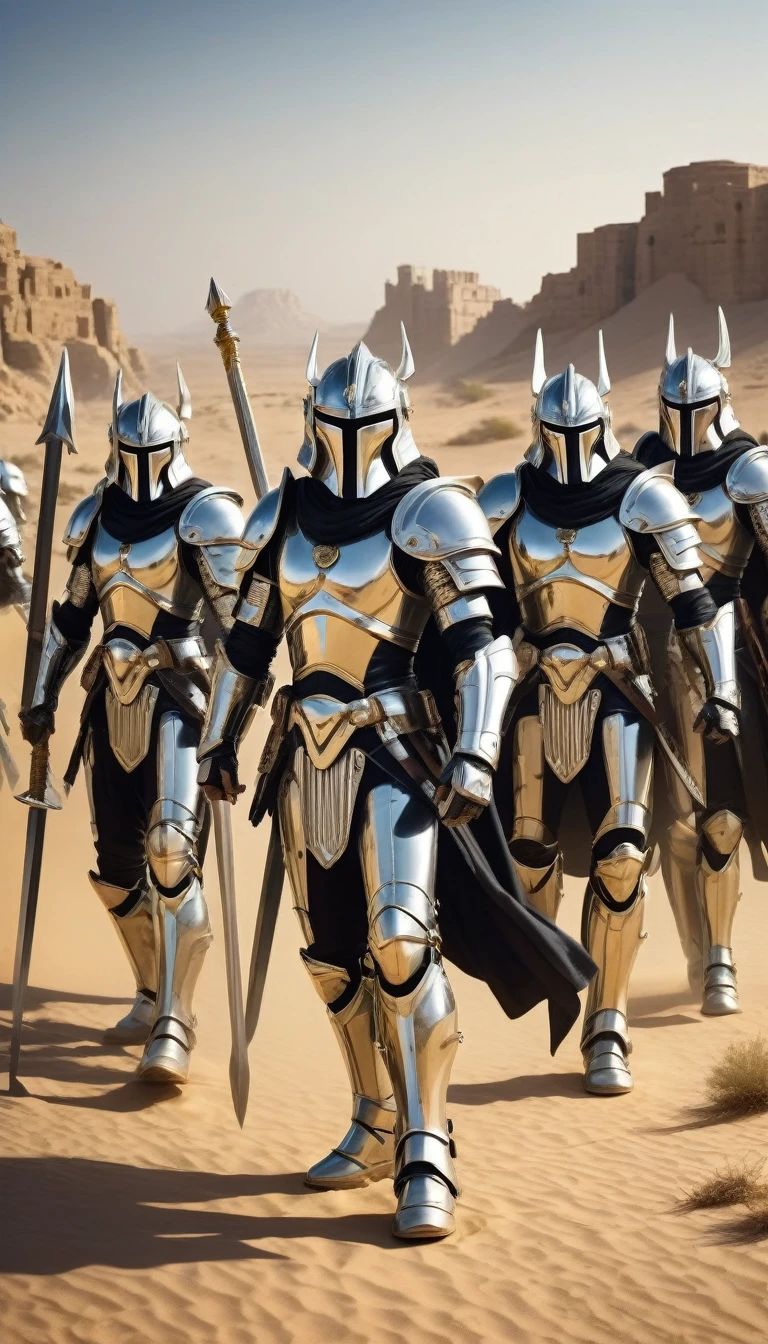 squads of warrior men with silver sabers in the desert, silver armor without helmet, with semicircle symbols, against the backdrop of an Arab city made of gold
