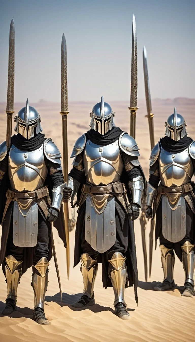 squads of warrior men with silver sabers in the desert, silver armor without helmet, with semicircle symbols, against the backdrop of an Arab city made of gold