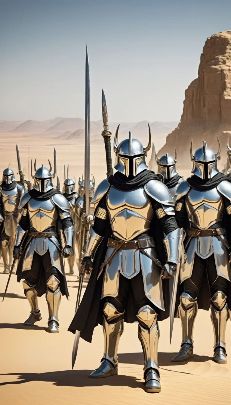 squads of warrior men with silver sabers in the desert, silver armor without helmet, with semicircle symbols, against the backdrop of an Arab city made of gold