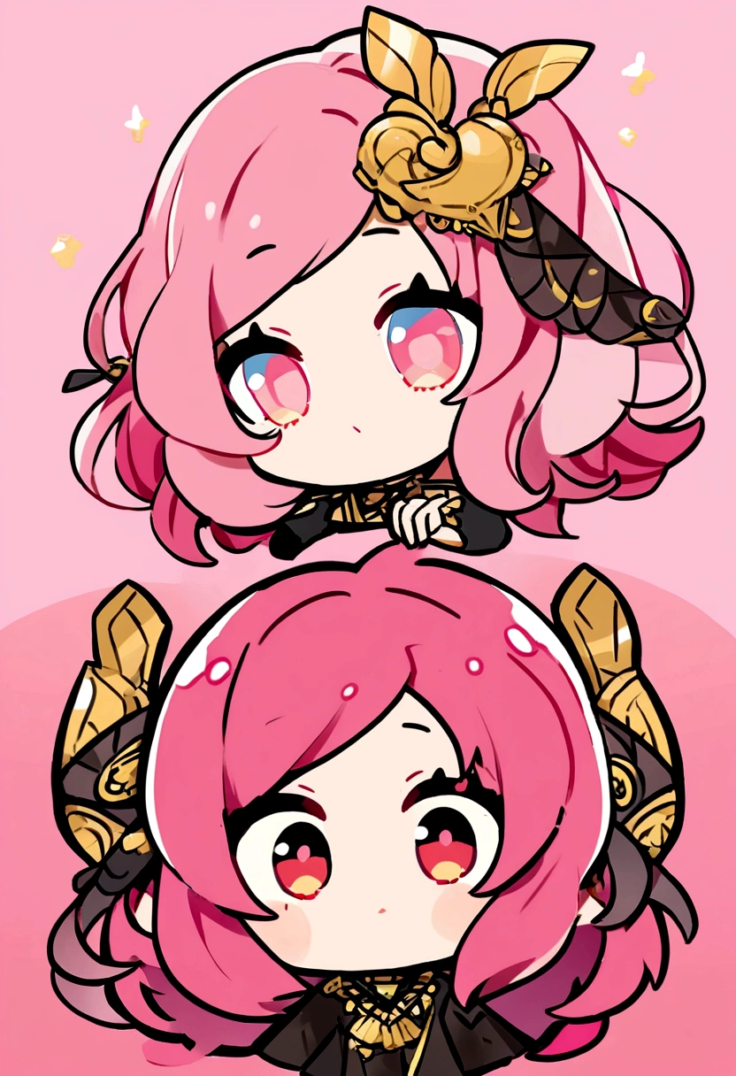 "Create a chibi-style cartoon portrait using elements and colors from the character in the first image. The character has pink hair with gold accessories, wearing a white and black outfit, and has a confident demeanor. However, instead of a complex pose, this character should be drawn in a simple, cute chibi style, with a round face and big eyes like the character in the second image. Key features such as the pink hair and distinctive outfit should be retained but simplified to match the chibi style."
