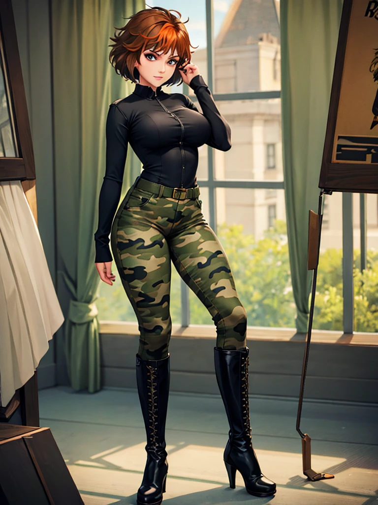 merula, full body, thighs, high boots high heels, solo girl, medium tits, camouflage pants