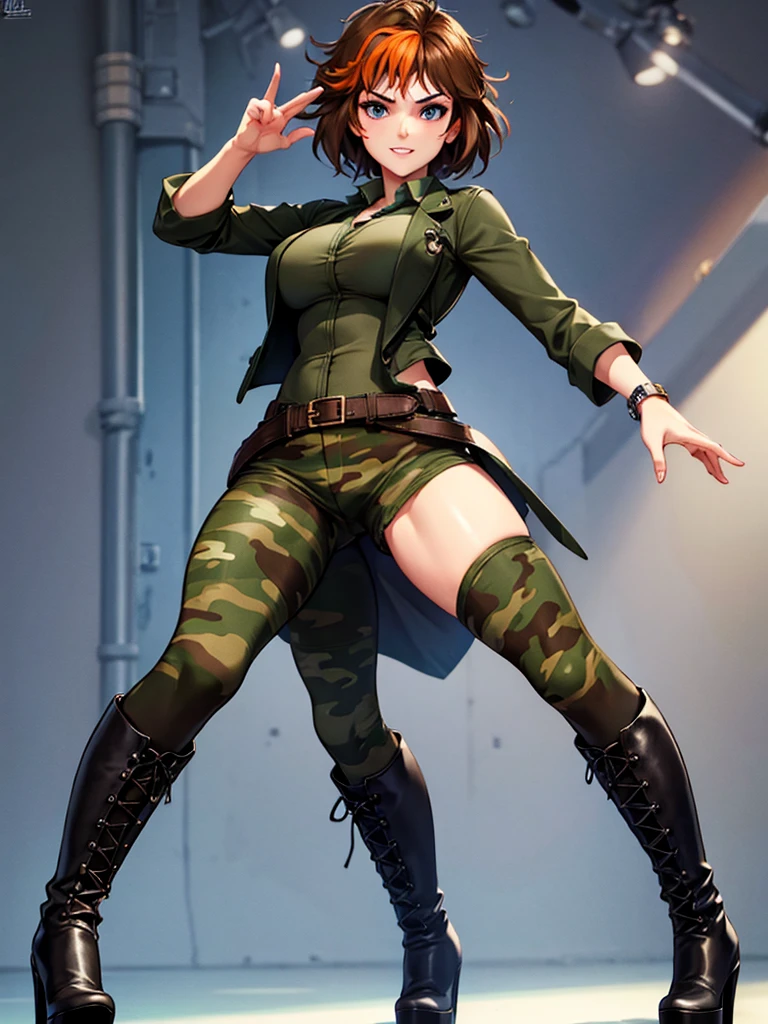merula, full body, thighs, high boots high heels, solo girl, medium tits, camouflage pants