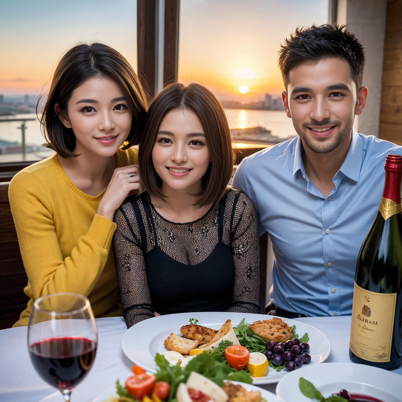((Highest quality、8k、masterpiece:1.3))、 (Genuineistic, Genuine、Bright image、Intricate details:1.2), Best smile 1 man 1 woman、Beautiful Couple、spouse、Couple、spouse、Beautiful Couple、Smile、full-course dinner、 (Slim face), (The body is slim), (Brown Hair), (short hair), テーブルの上のwine glass、Please shine a light on my face、 Amazing view of the sunset sky and clouds、 (age 34), 41 years old, red wine 、Appetizers、Wine bottle、sparkling wine、Long sleeve shirt、dress、White wine, red wine, wine glass, 
